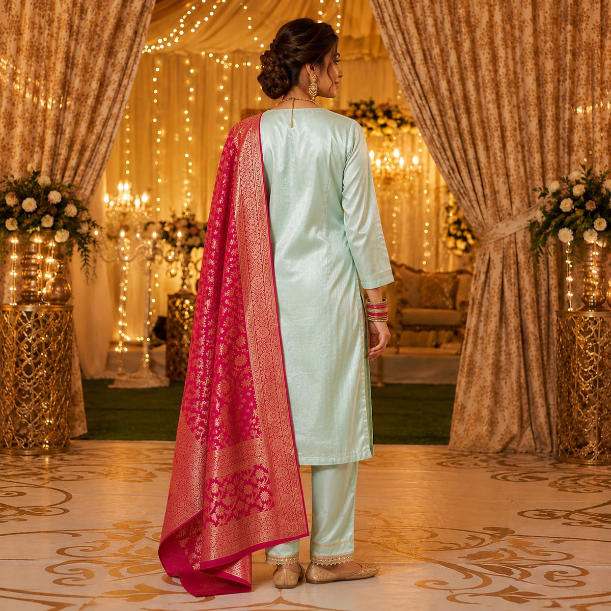 Women's pastel mint green embroidered kurta suit with rani pink ornate dupatta