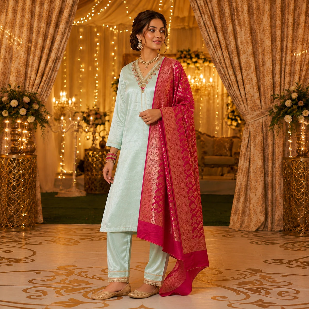 Women's pastel mint green embroidered kurta suit with rani pink ornate dupatta