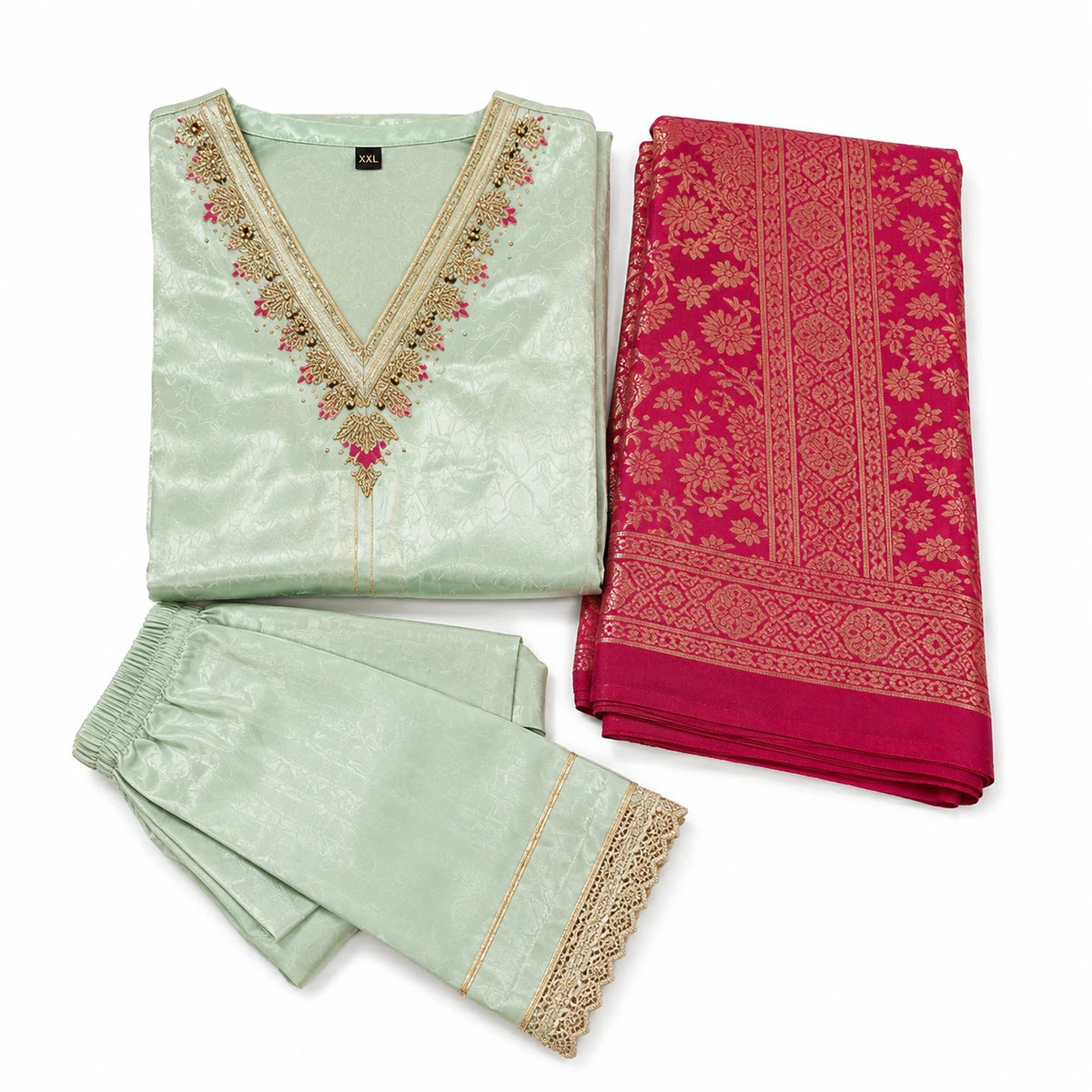 Women's pastel mint green embroidered kurta suit with rani pink ornate dupatta