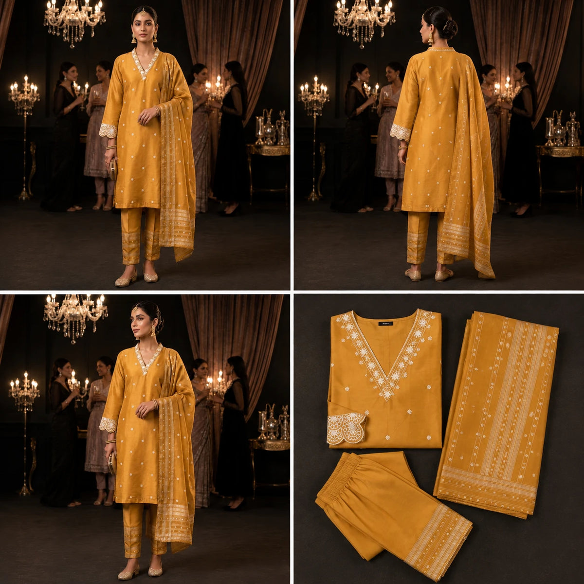 Women's mustard gold embroidered kurta suit set with matching pants and detailed dupatta