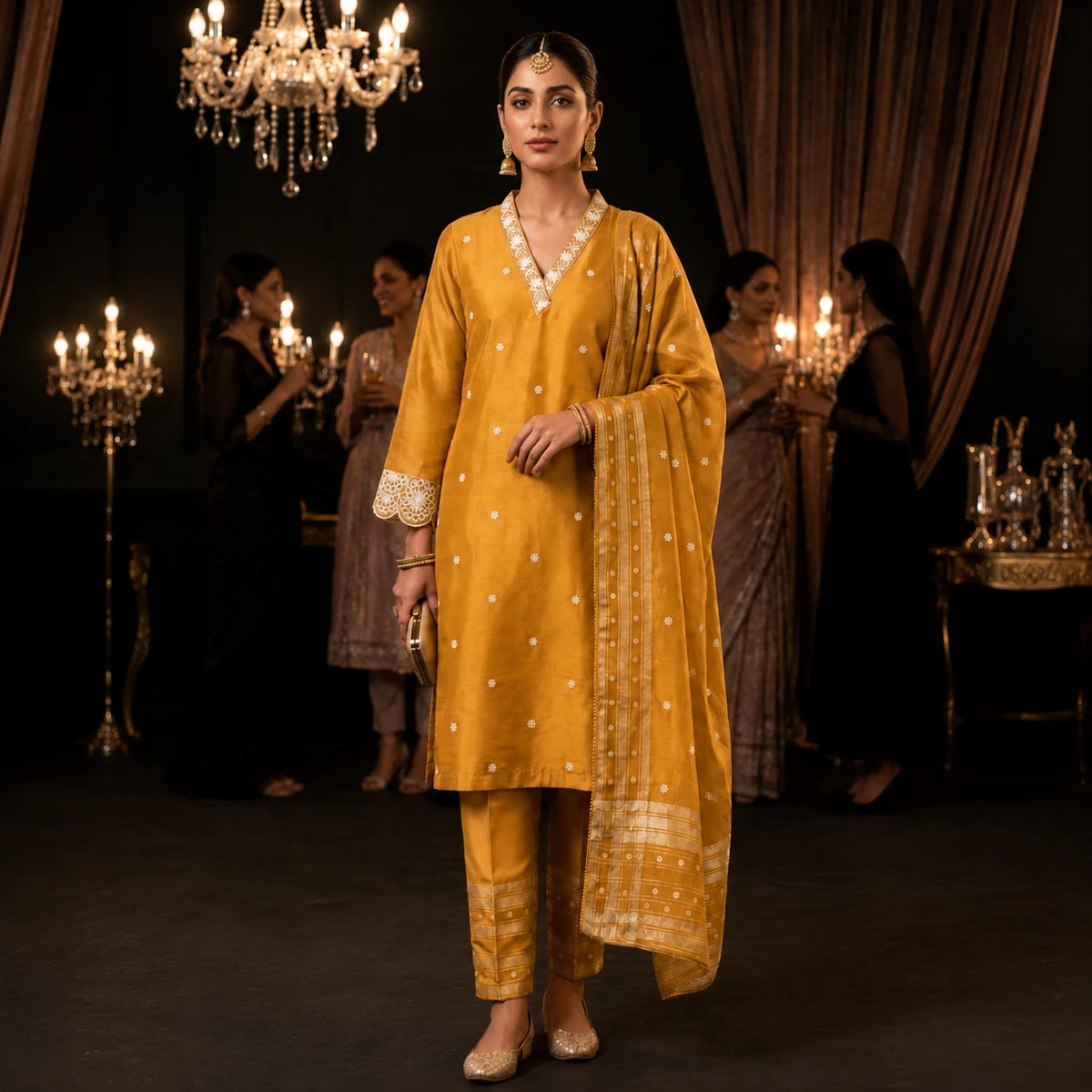 Women's mustard gold embroidered kurta suit set with matching pants and detailed dupatta