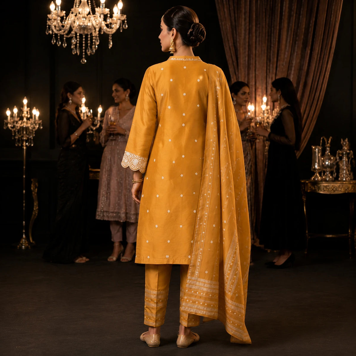 Women's mustard gold embroidered kurta suit set with matching pants and detailed dupatta