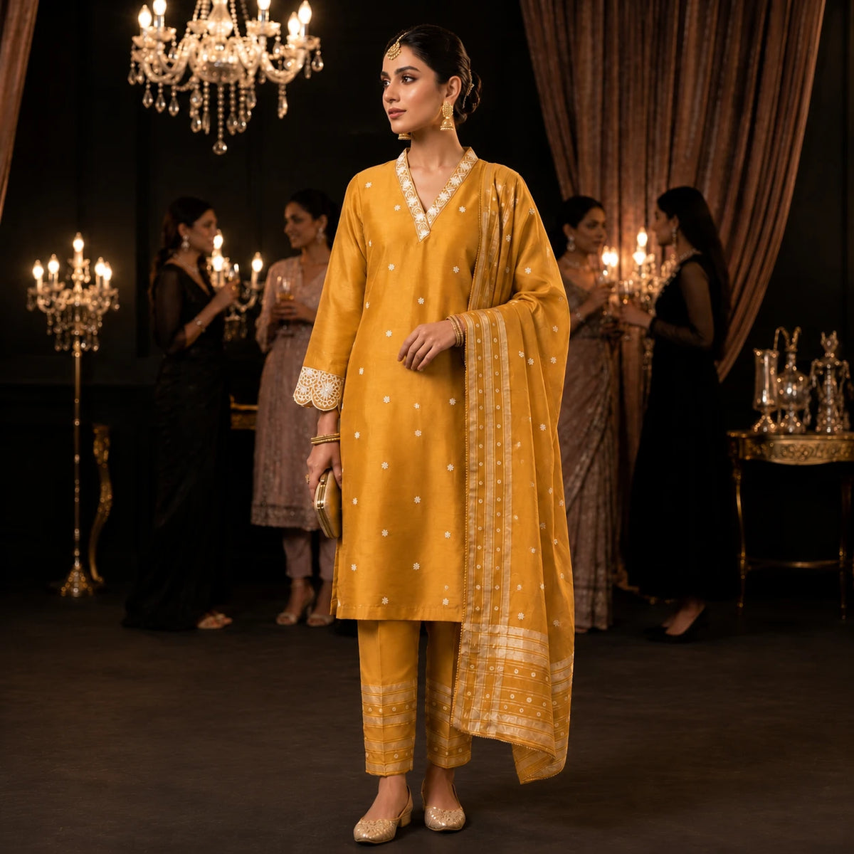 Women's mustard gold embroidered kurta suit set with matching pants and detailed dupatta