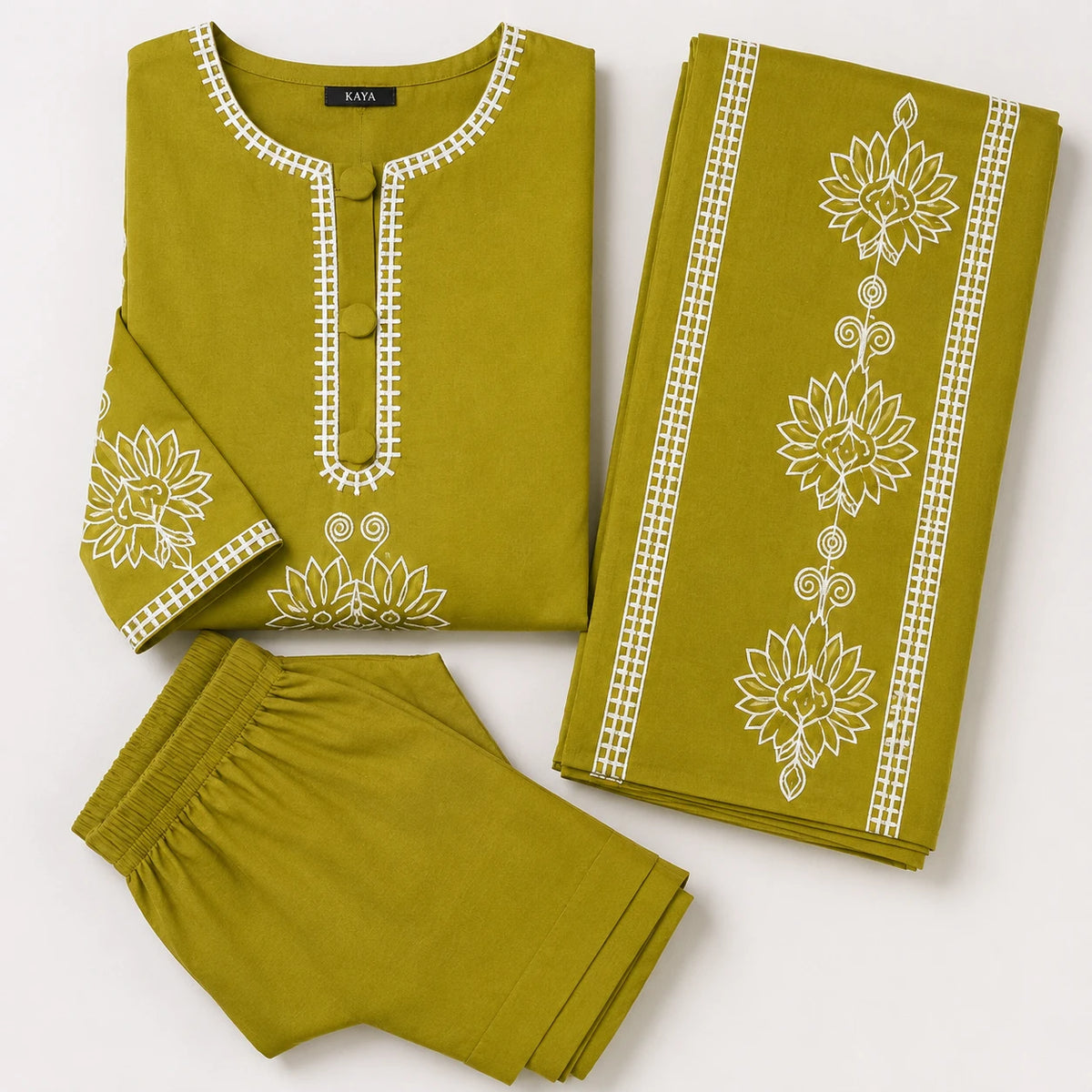 Woman wearing an olive green embroidered straight kurta with matching pants