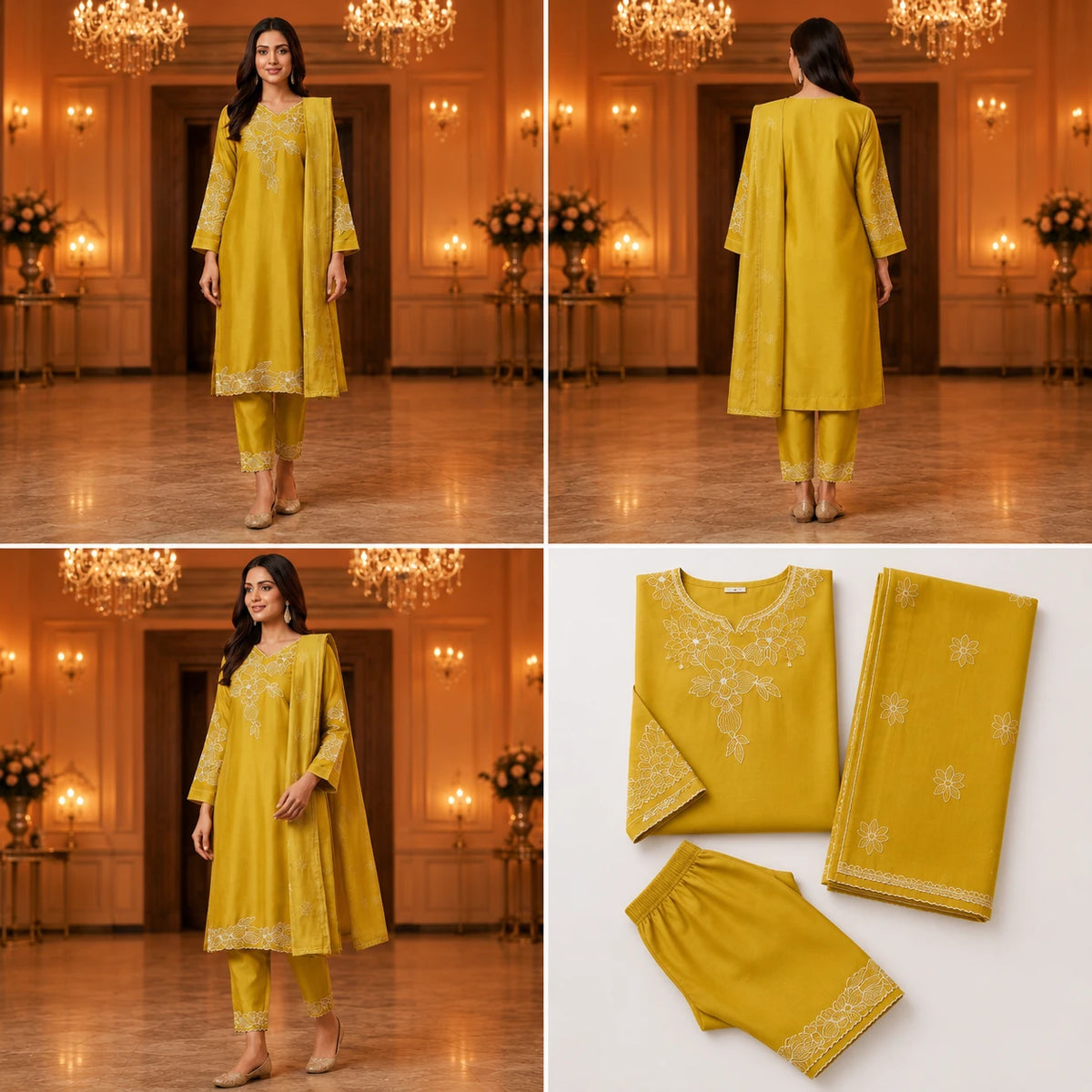 Woman wearing a mustard yellow floral embroidered kurta pant set with matching dupatta