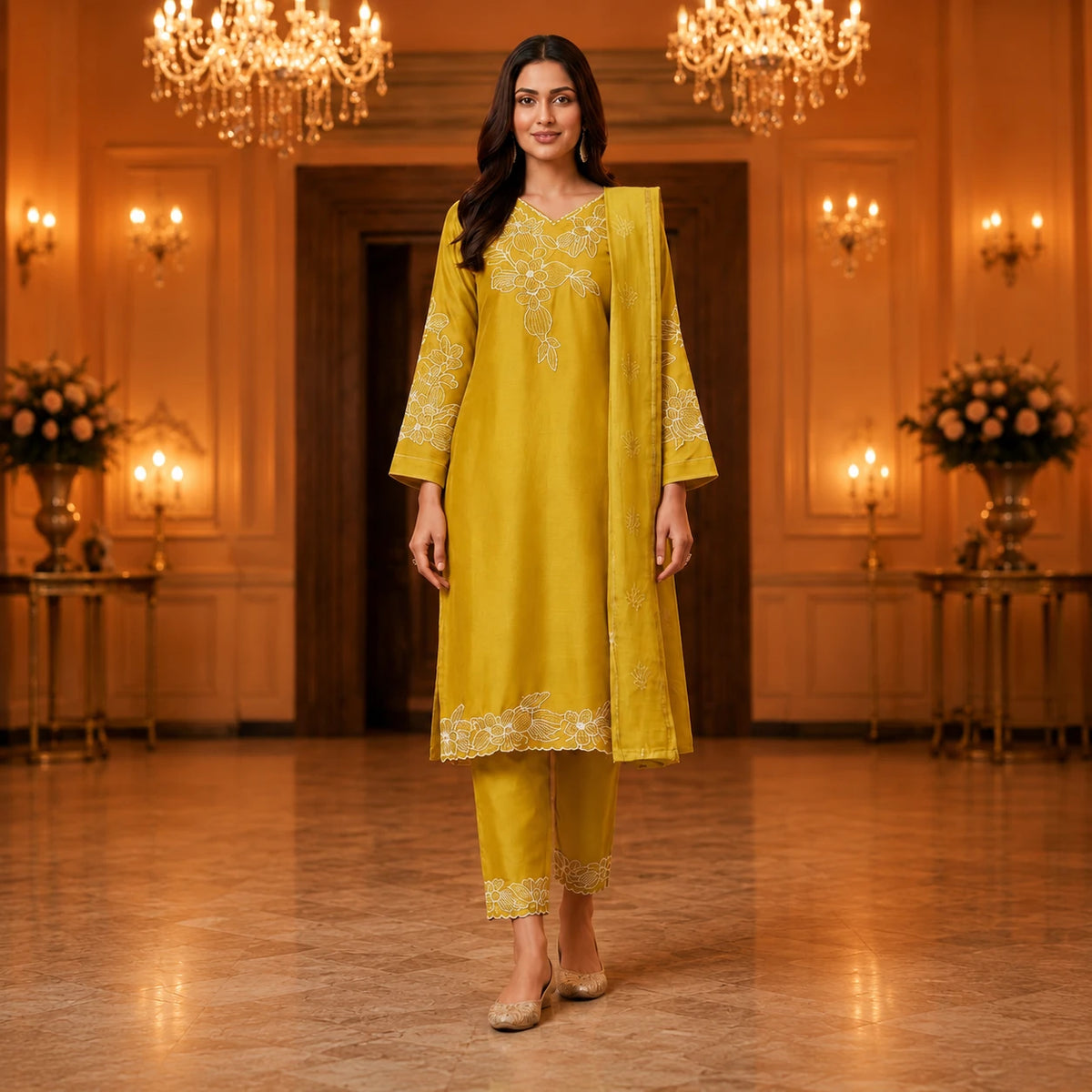 Woman wearing a mustard yellow floral embroidered kurta pant set with matching dupatta