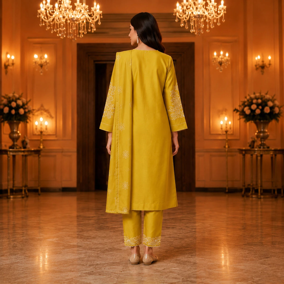 Woman wearing a mustard yellow floral embroidered kurta pant set with matching dupatta