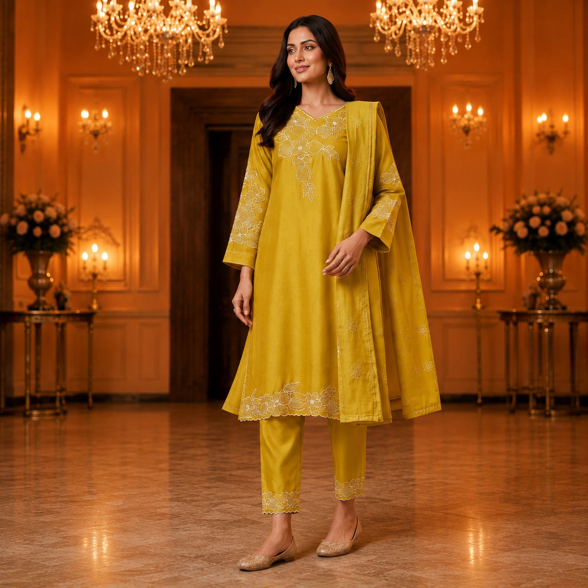 Woman wearing a mustard yellow floral embroidered kurta pant set with matching dupatta