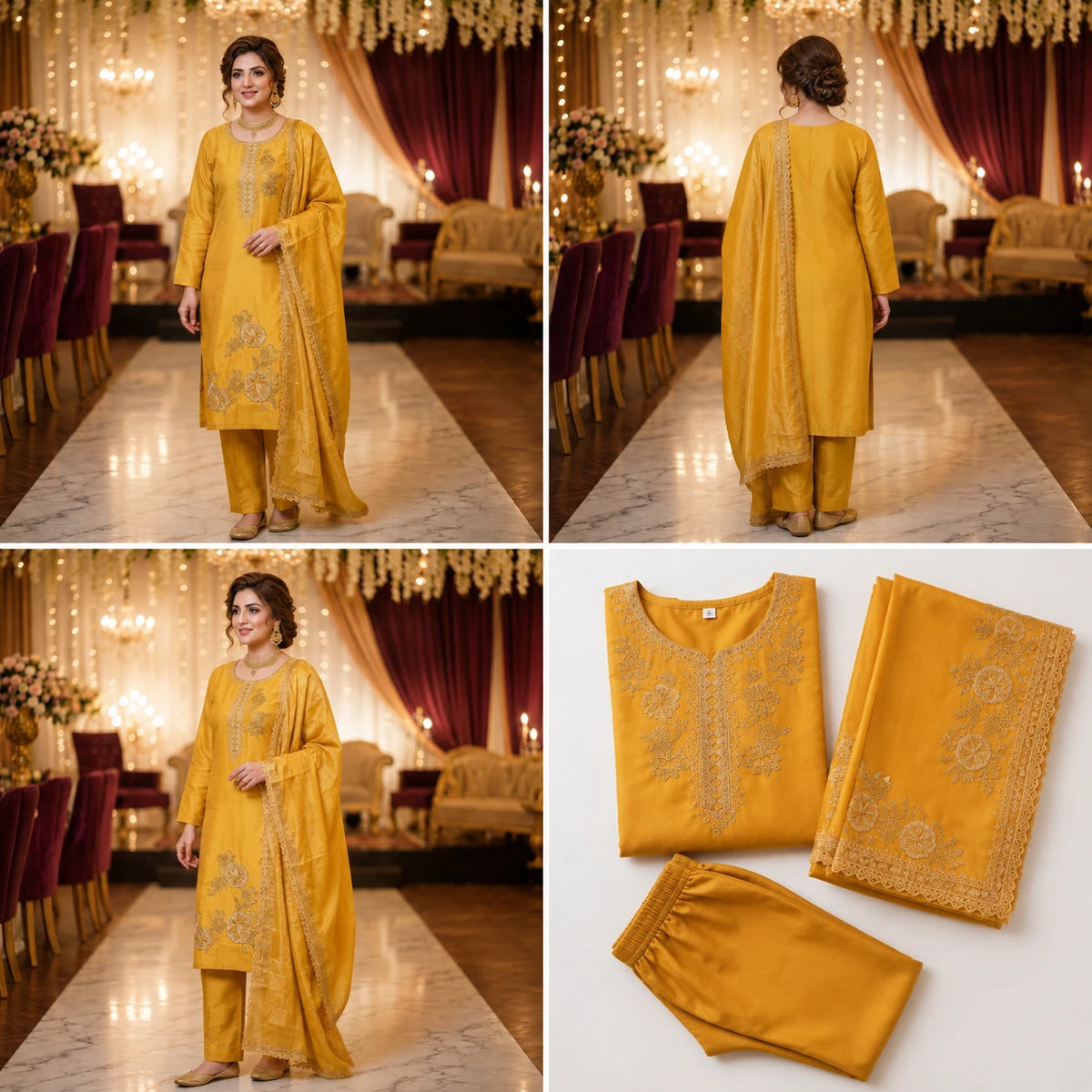 Woman wearing a golden mustard embroidered kurta pant set with a lace-trimmed dupatta