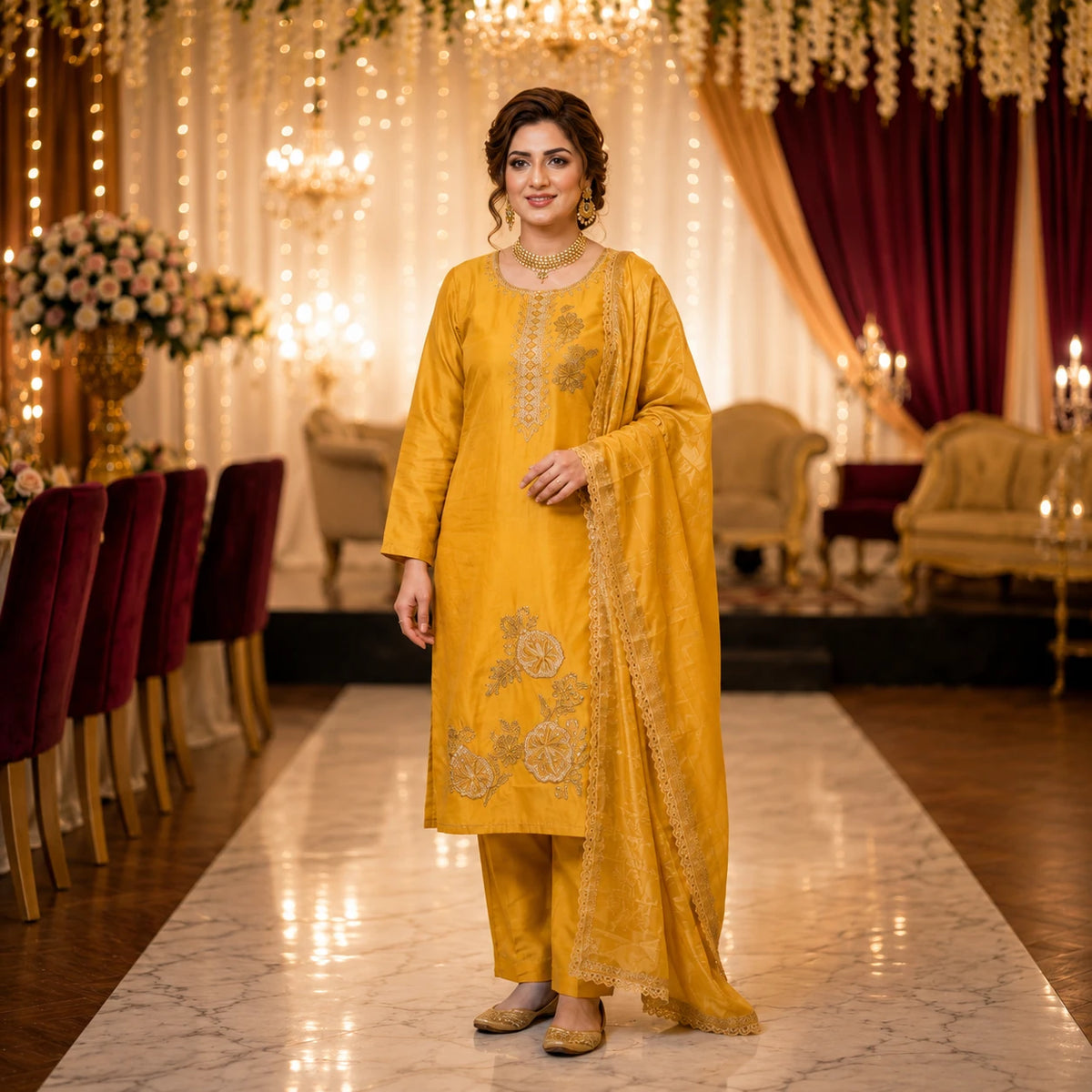 Woman wearing a golden mustard embroidered kurta pant set with a lace-trimmed dupatta