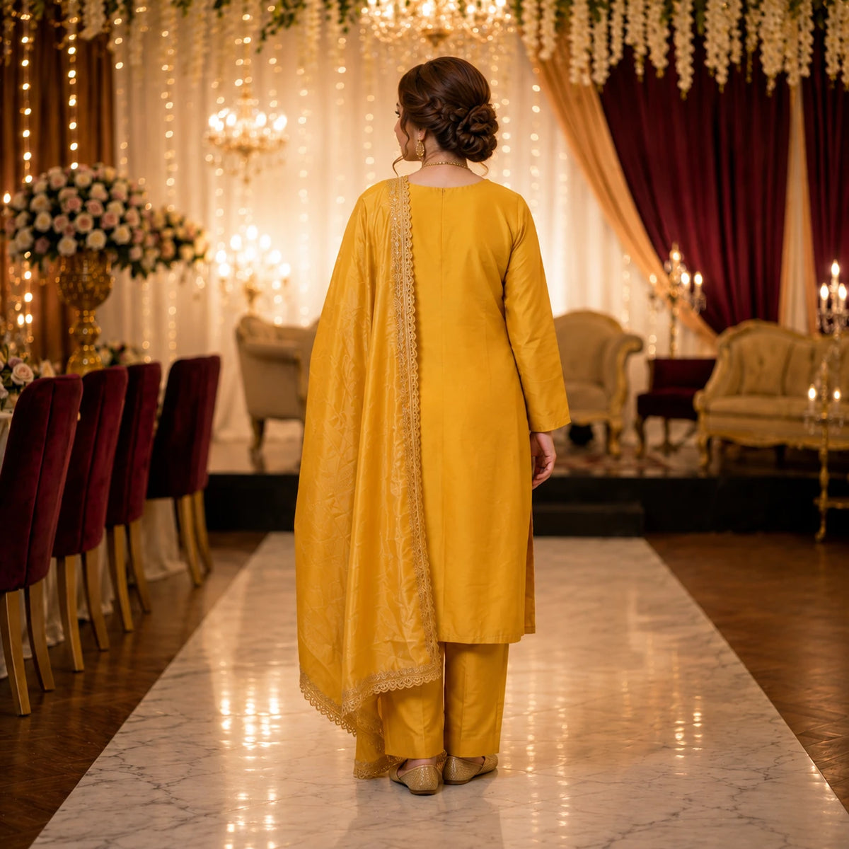 Woman wearing a golden mustard embroidered kurta pant set with a lace-trimmed dupatta
