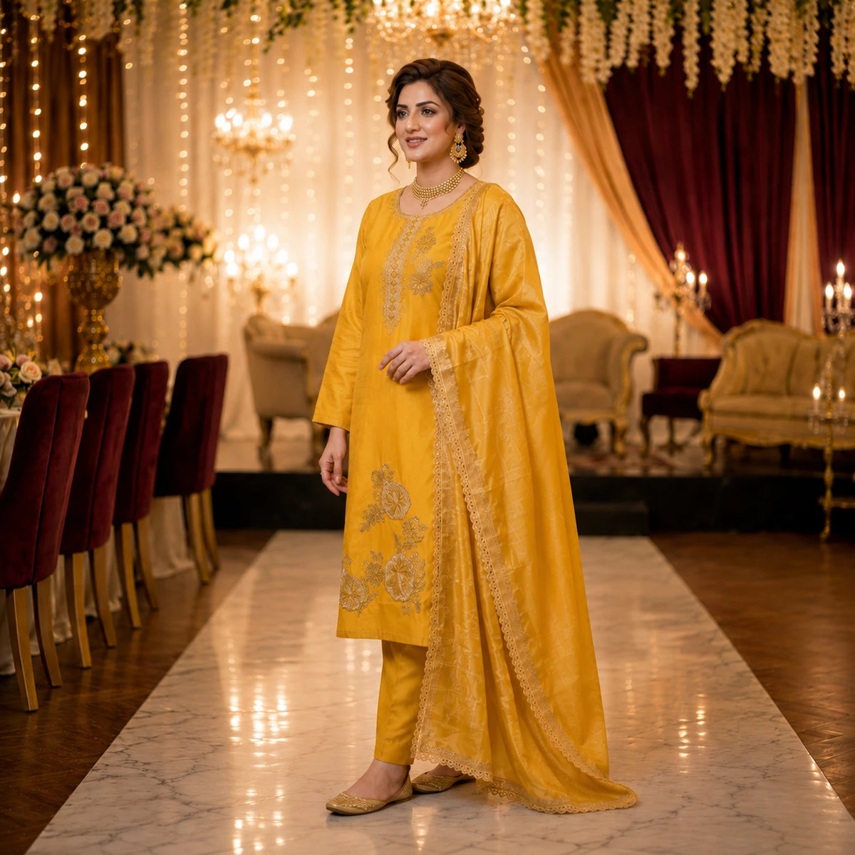 Woman wearing a golden mustard embroidered kurta pant set with a lace-trimmed dupatta