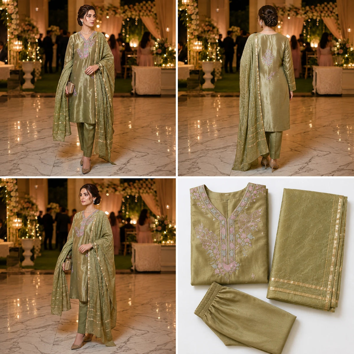 Women's sage olive embroidered straight kurta pant set with matching dupatta