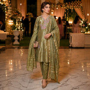 Women's sage olive embroidered straight kurta pant set with matching dupatta