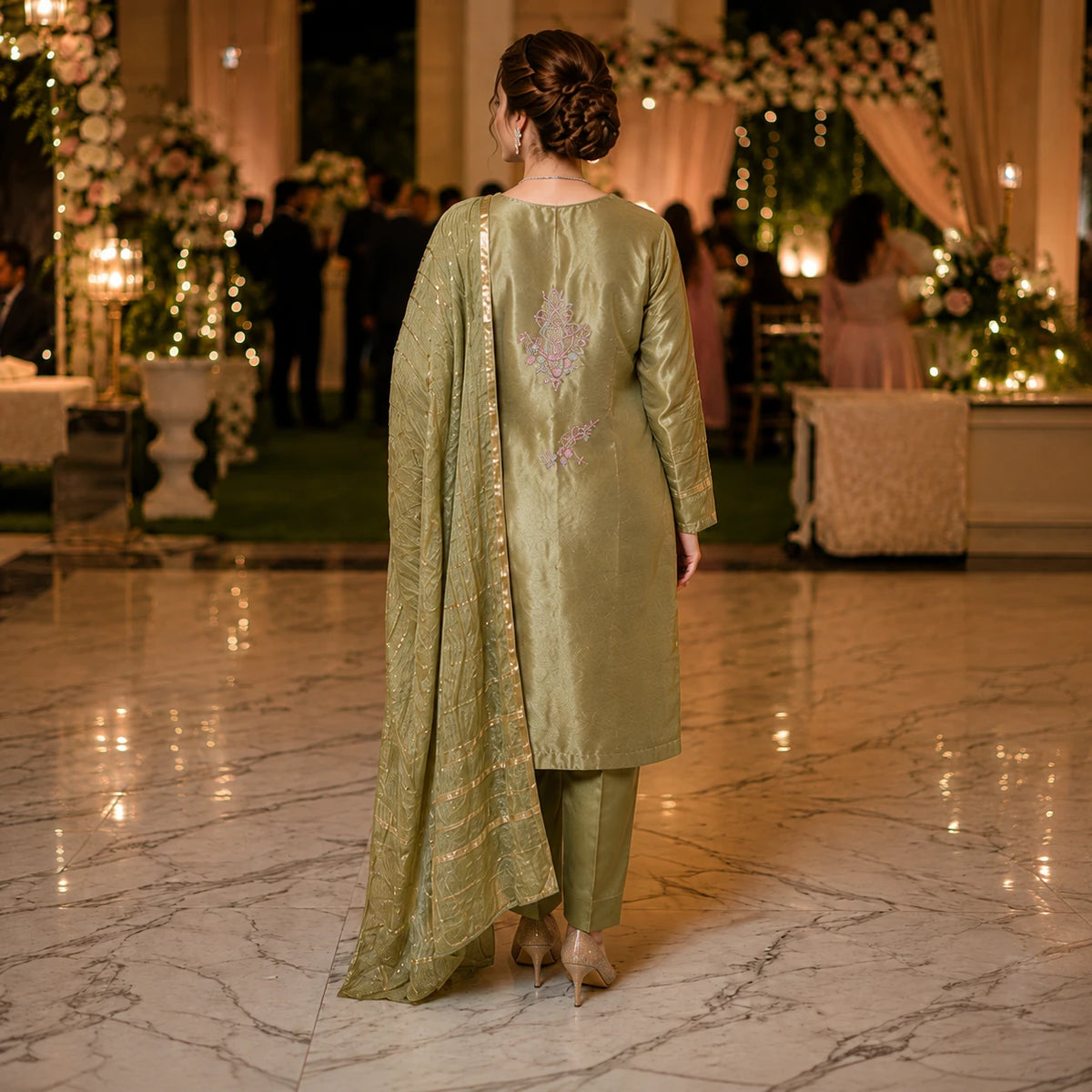 Women's sage olive embroidered straight kurta pant set with matching dupatta