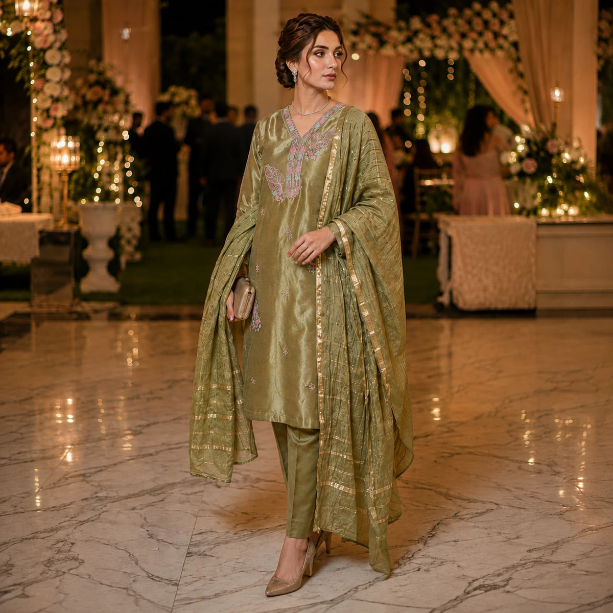 Women's sage olive embroidered straight kurta pant set with matching dupatta