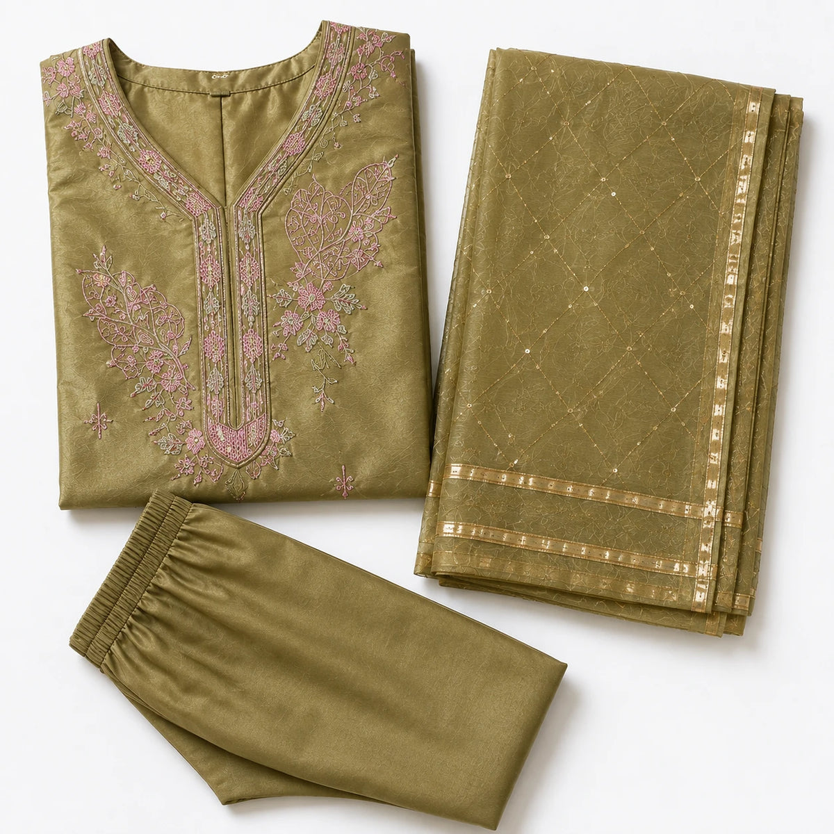 Women's sage olive embroidered straight kurta pant set with matching dupatta