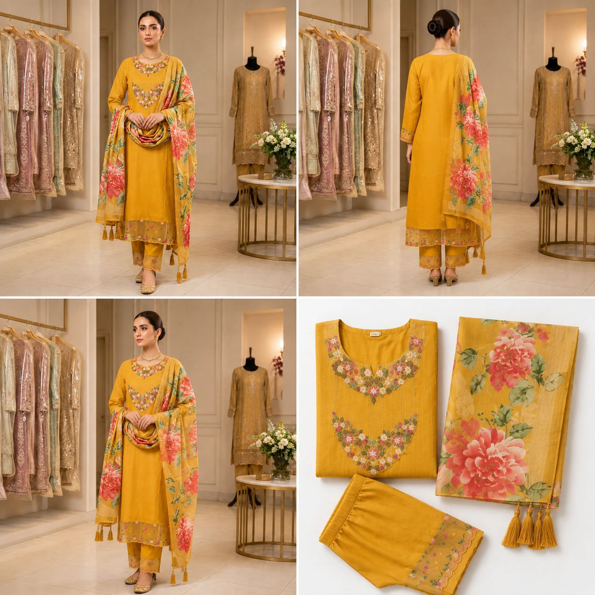 Woman wearing mustard gold floral embroidered kurta pant set with printed dupatta