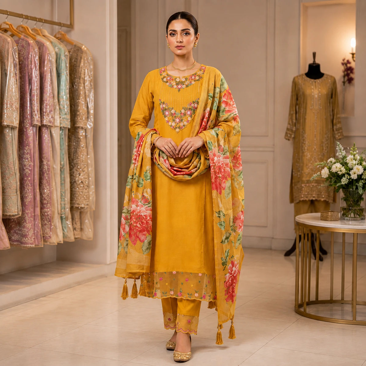 Woman wearing mustard gold floral embroidered kurta pant set with printed dupatta
