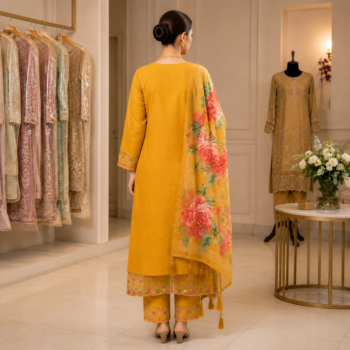 Woman wearing mustard gold floral embroidered kurta pant set with printed dupatta