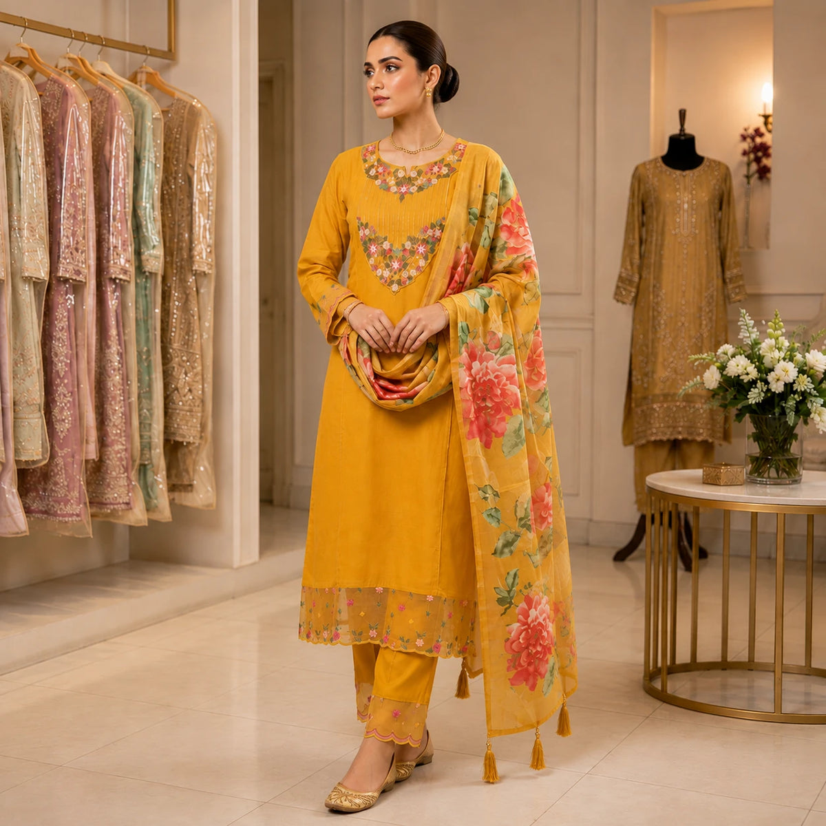 Woman wearing mustard gold floral embroidered kurta pant set with printed dupatta