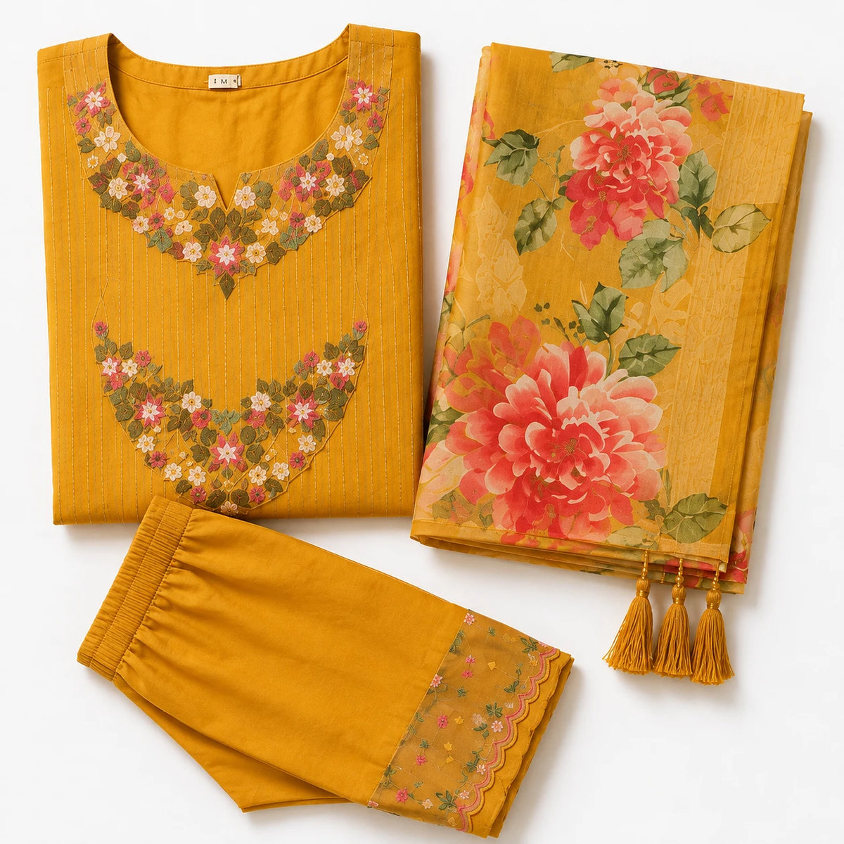 Woman wearing mustard gold floral embroidered kurta pant set with printed dupatta