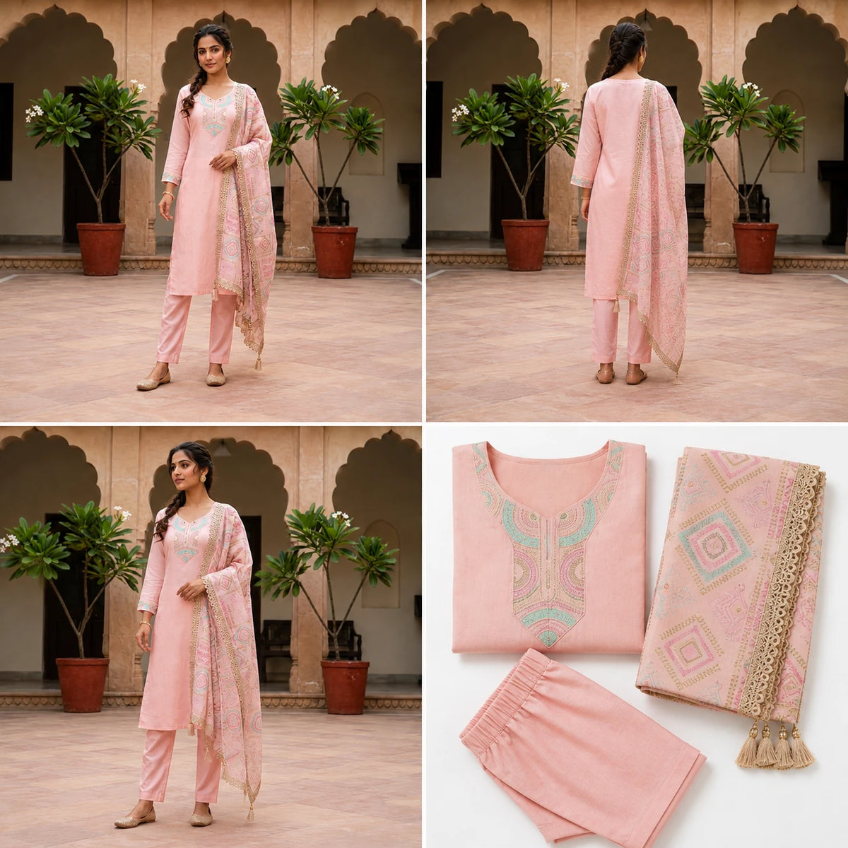 Woman wearing blush pink embroidered straight kurta pant set with printed dupatta