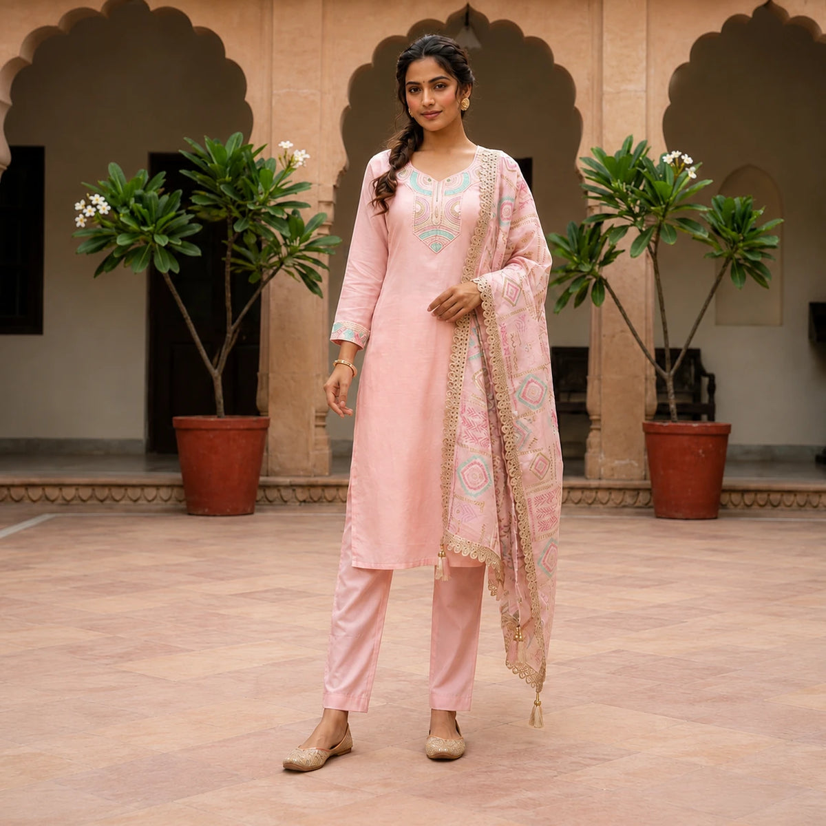 Woman wearing blush pink embroidered straight kurta pant set with printed dupatta