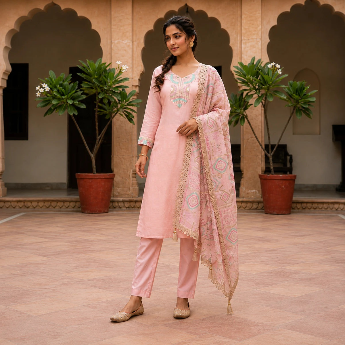 Woman wearing blush pink embroidered straight kurta pant set with printed dupatta