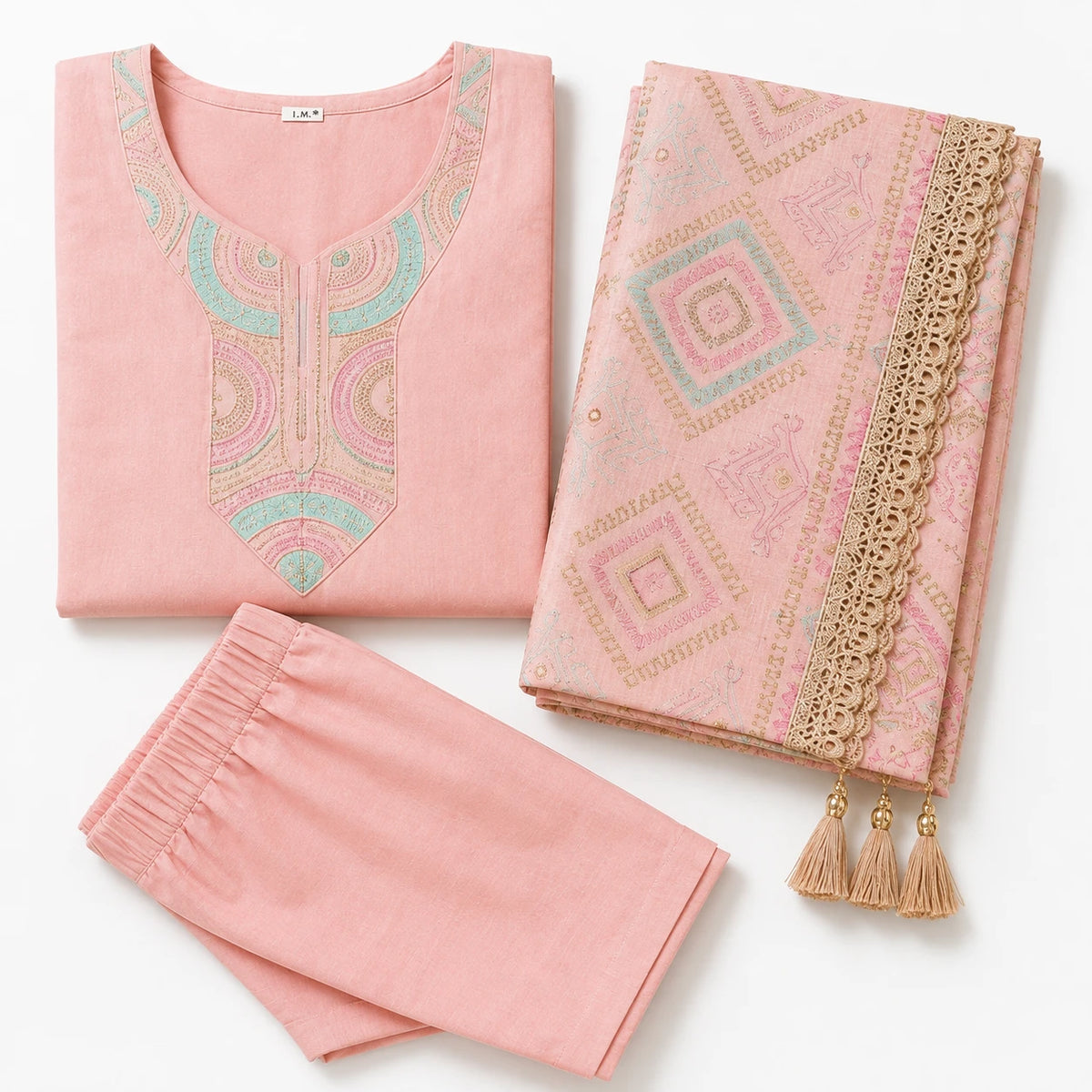 Woman wearing blush pink embroidered straight kurta pant set with printed dupatta