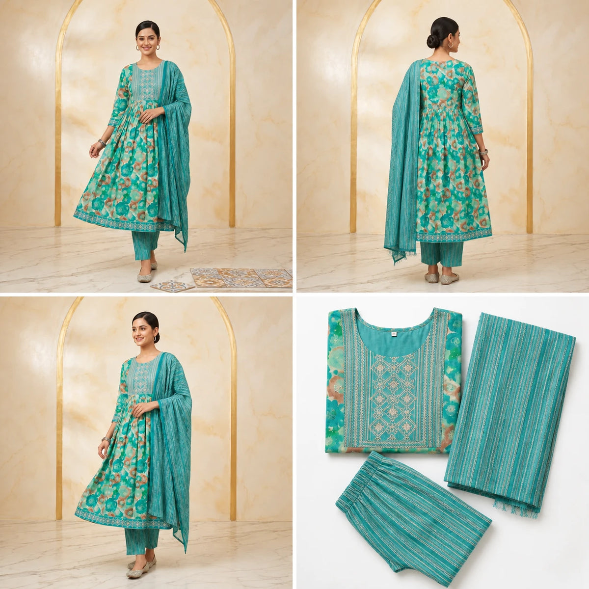 Woman wearing teal turquoise floral printed Anarkali kurta pant set with striped dupatta