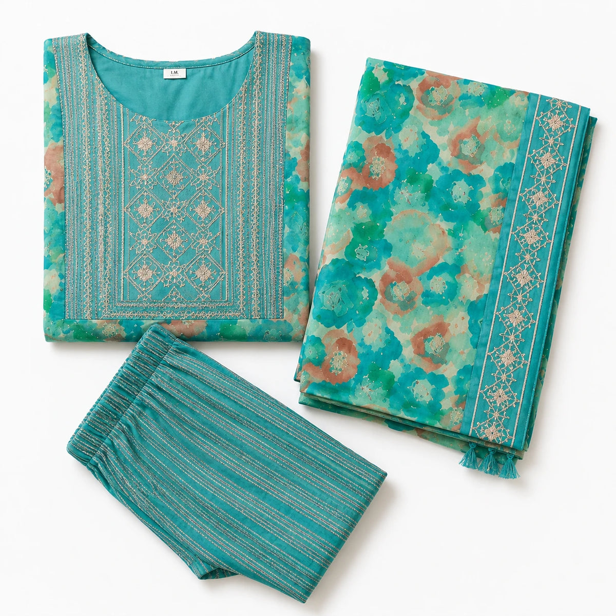 Woman wearing teal turquoise floral printed Anarkali kurta pant set with striped dupatta
