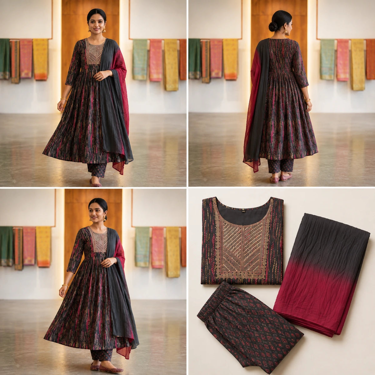Woman wearing a black and wine printed Anarkali kurta pant set with dual-tone dupatta