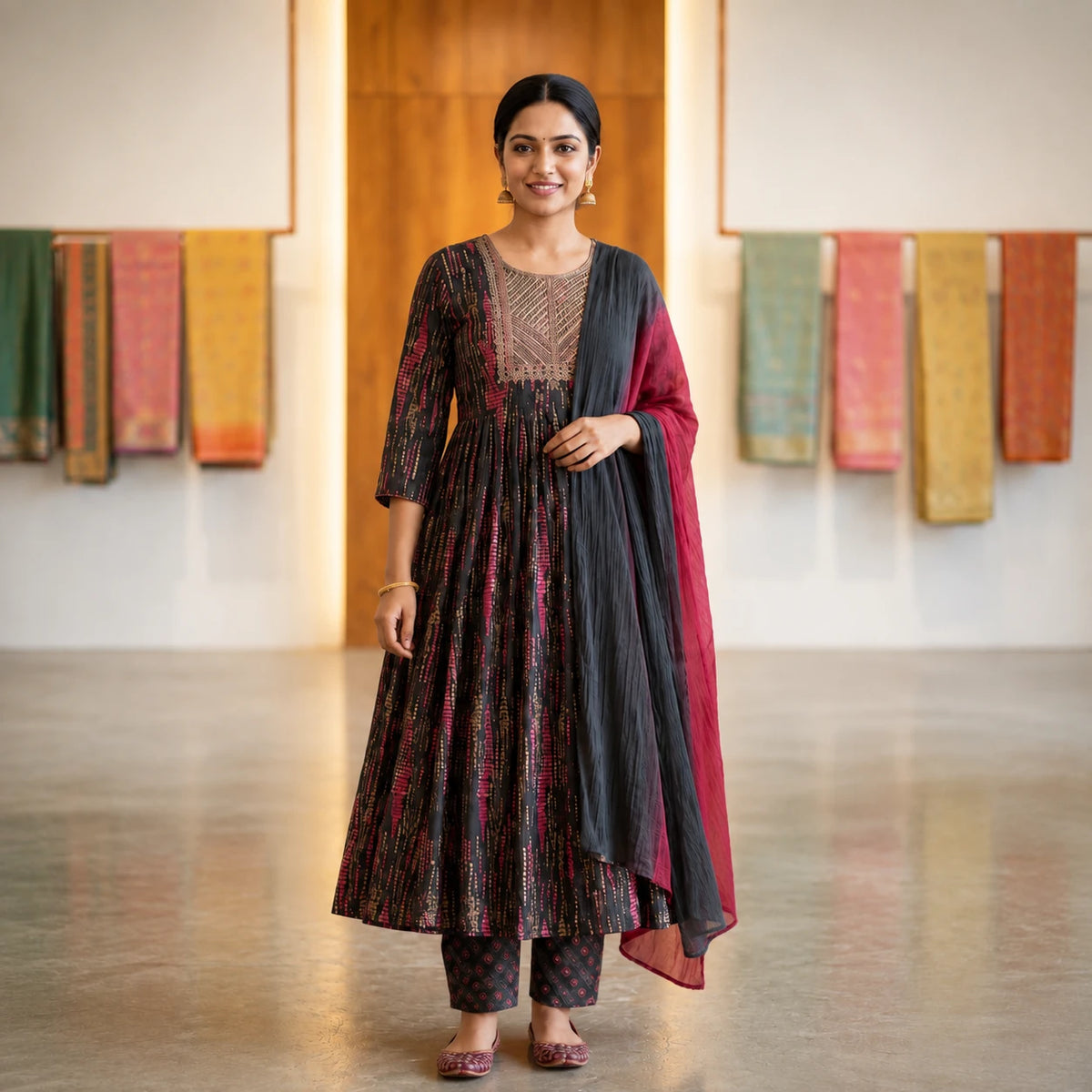 Woman wearing a black and wine printed Anarkali kurta pant set with dual-tone dupatta