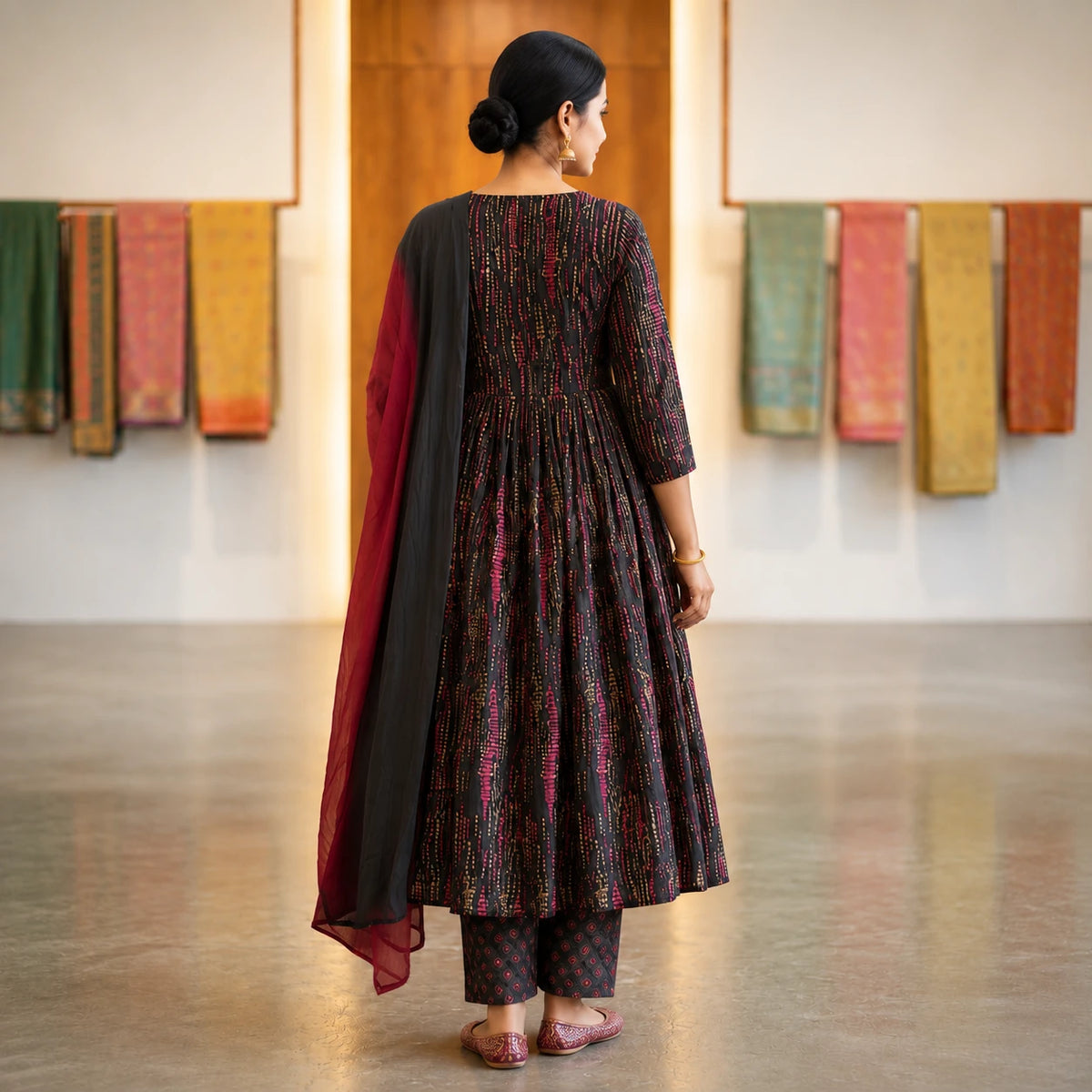 Woman wearing a black and wine printed Anarkali kurta pant set with dual-tone dupatta