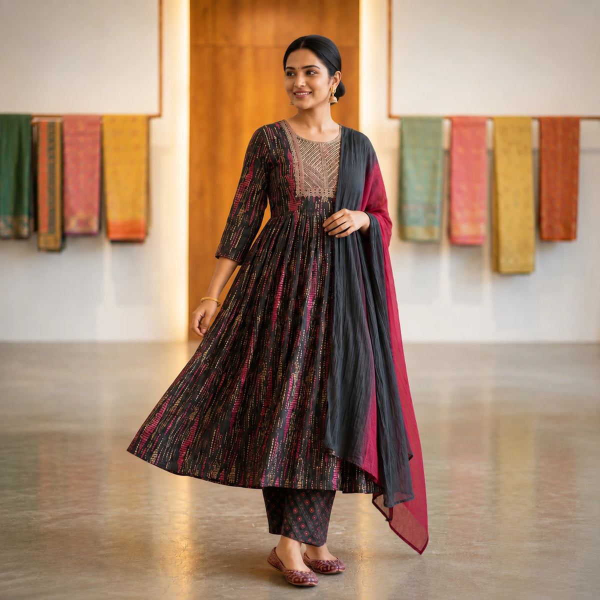 Woman wearing a black and wine printed Anarkali kurta pant set with dual-tone dupatta