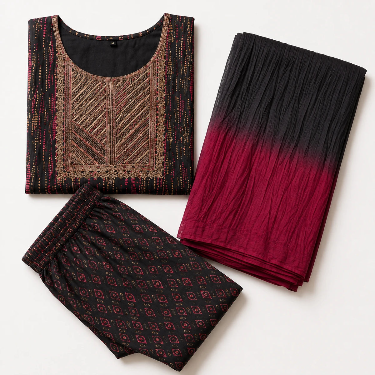 Woman wearing a black and wine printed Anarkali kurta pant set with dual-tone dupatta