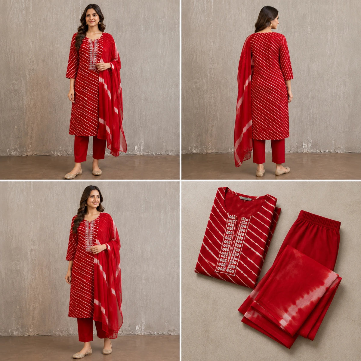 Woman wearing a red printed kurta pant set with white diagonal stripes and contrast dupatta