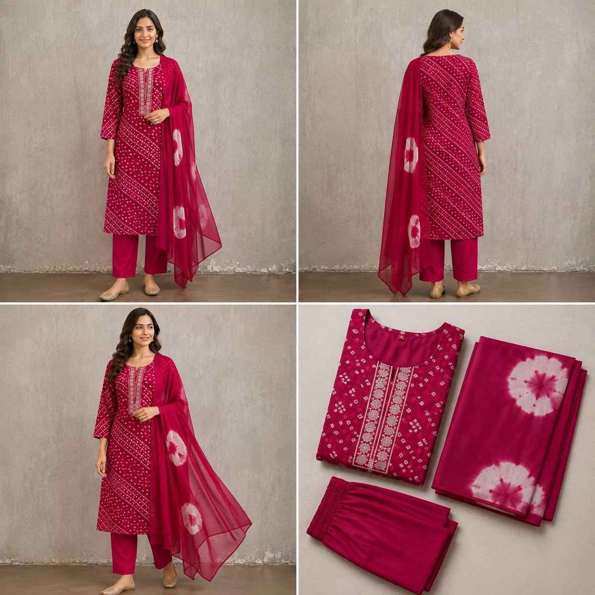Woman wearing a magenta Bandhani-inspired printed kurta pant set with a contrast dupatta