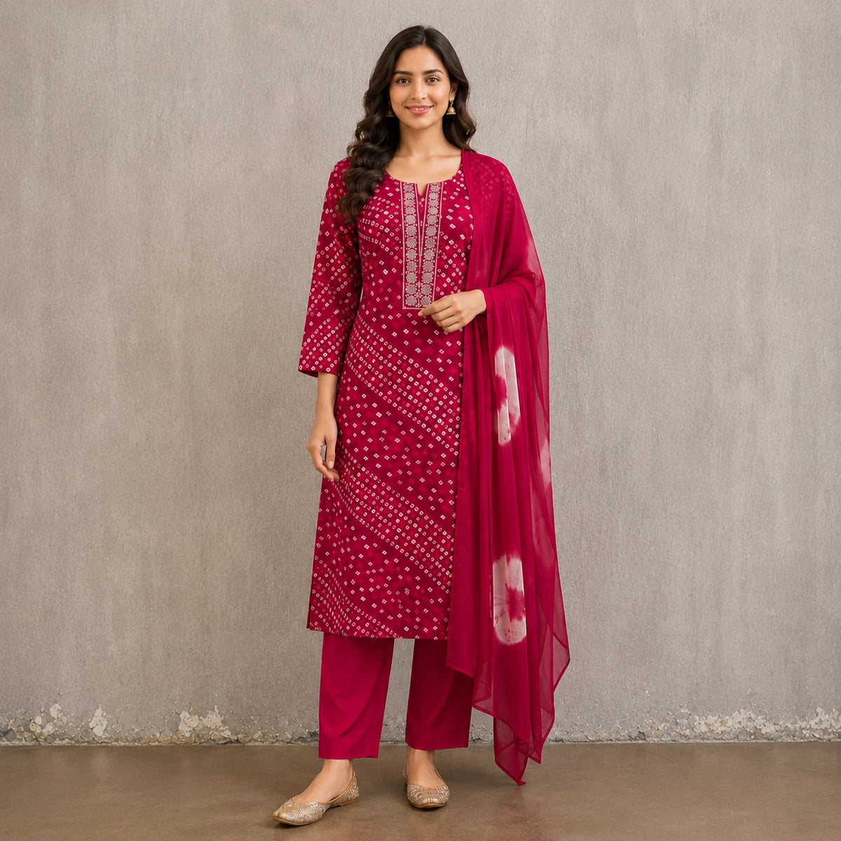 Woman wearing a magenta Bandhani-inspired printed kurta pant set with a contrast dupatta