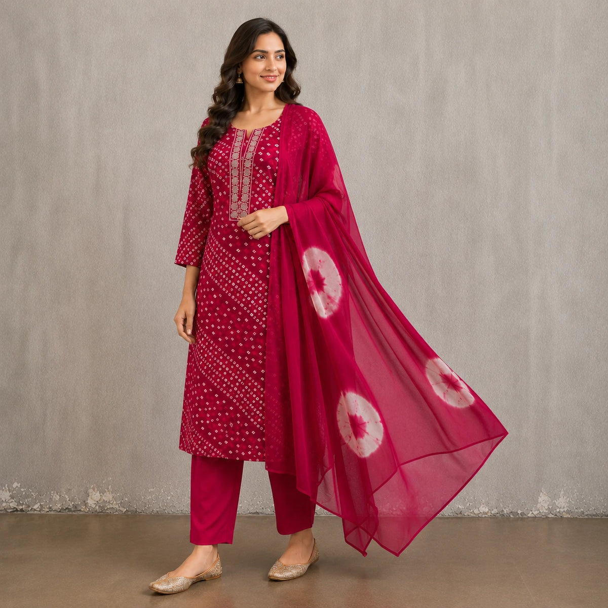 Woman wearing a magenta Bandhani-inspired printed kurta pant set with a contrast dupatta