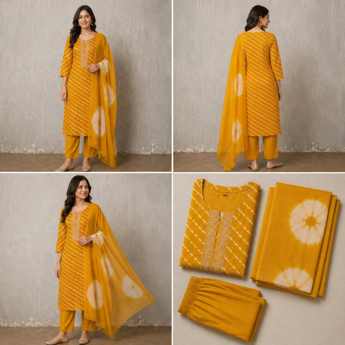 Woman wearing a mustard yellow Leheriya-inspired stripe kurta pant set with a tie-dye dupatta