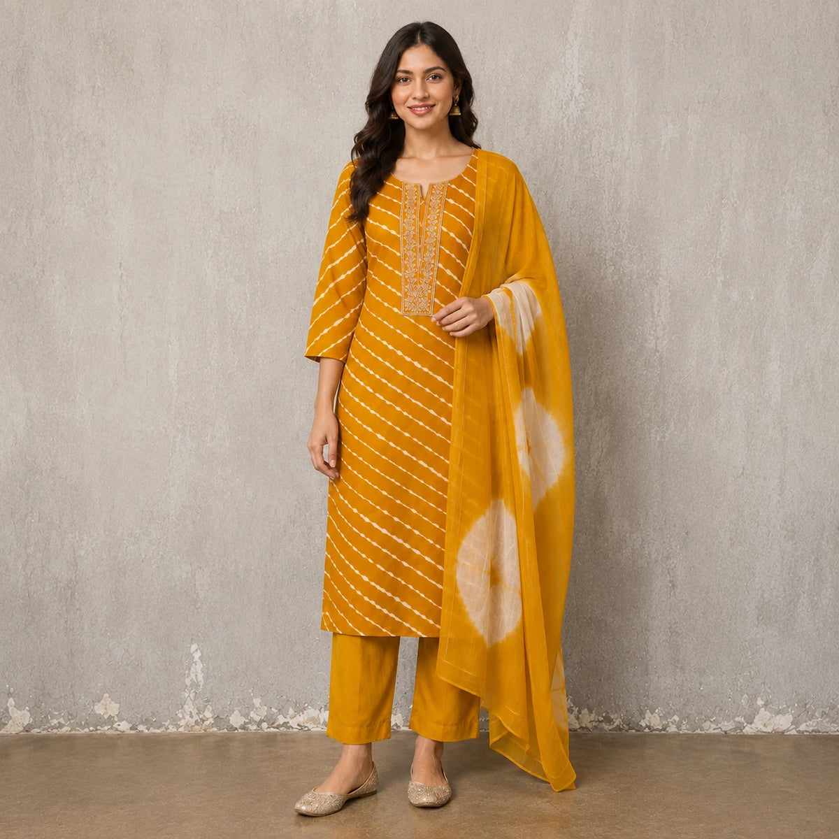 Woman wearing a mustard yellow Leheriya-inspired stripe kurta pant set with a tie-dye dupatta