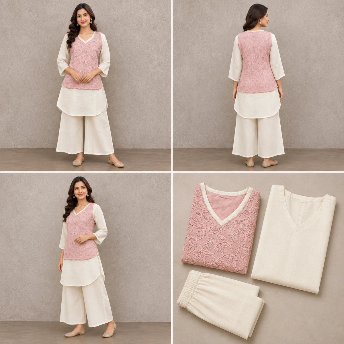 Woman wearing a blush pink floral embroidered peplum kurta with ivory inner top and wide-leg palazzo pants