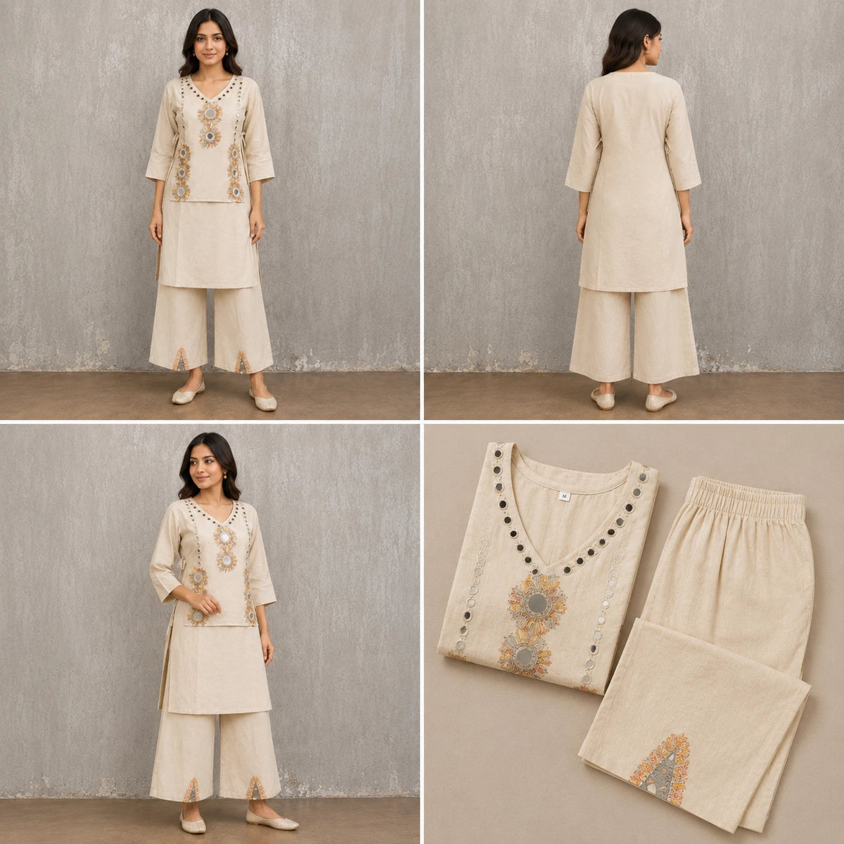 Woman wearing an ivory mirror embroidered V-neck kurta with wide-leg palazzo pants