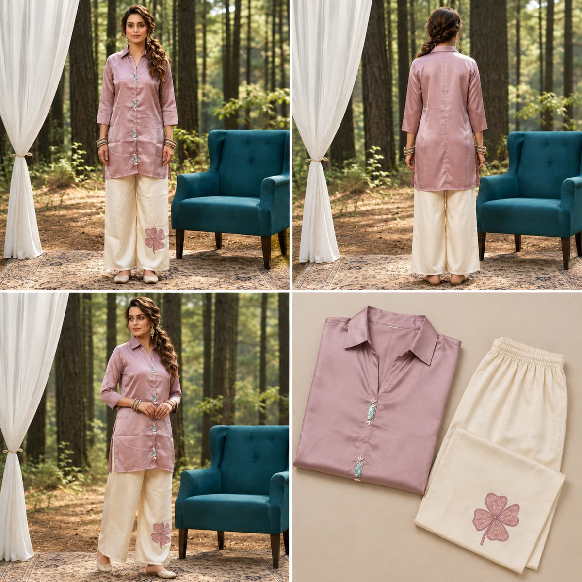 Woman wearing a dusty rose long shirt with decorative front embellishment and ivory wide-leg pants