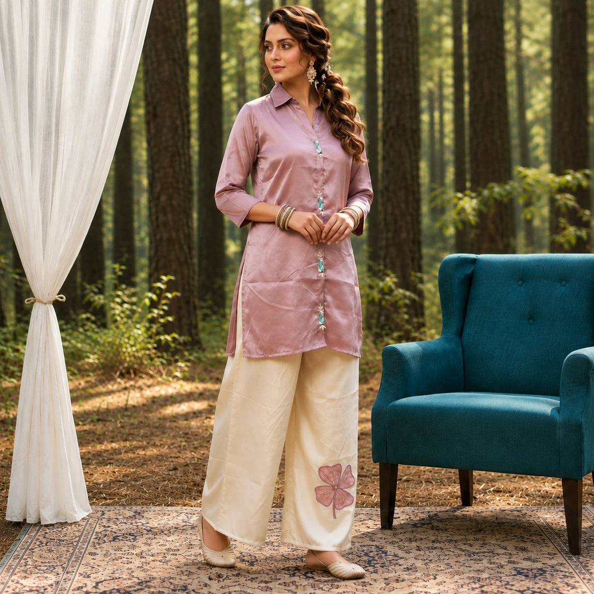 Woman wearing a dusty rose long shirt with decorative front embellishment and ivory wide-leg pants