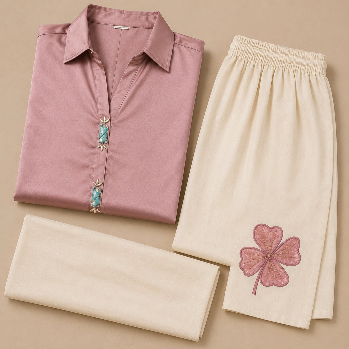 Woman wearing a dusty rose long shirt with decorative front embellishment and ivory wide-leg pants