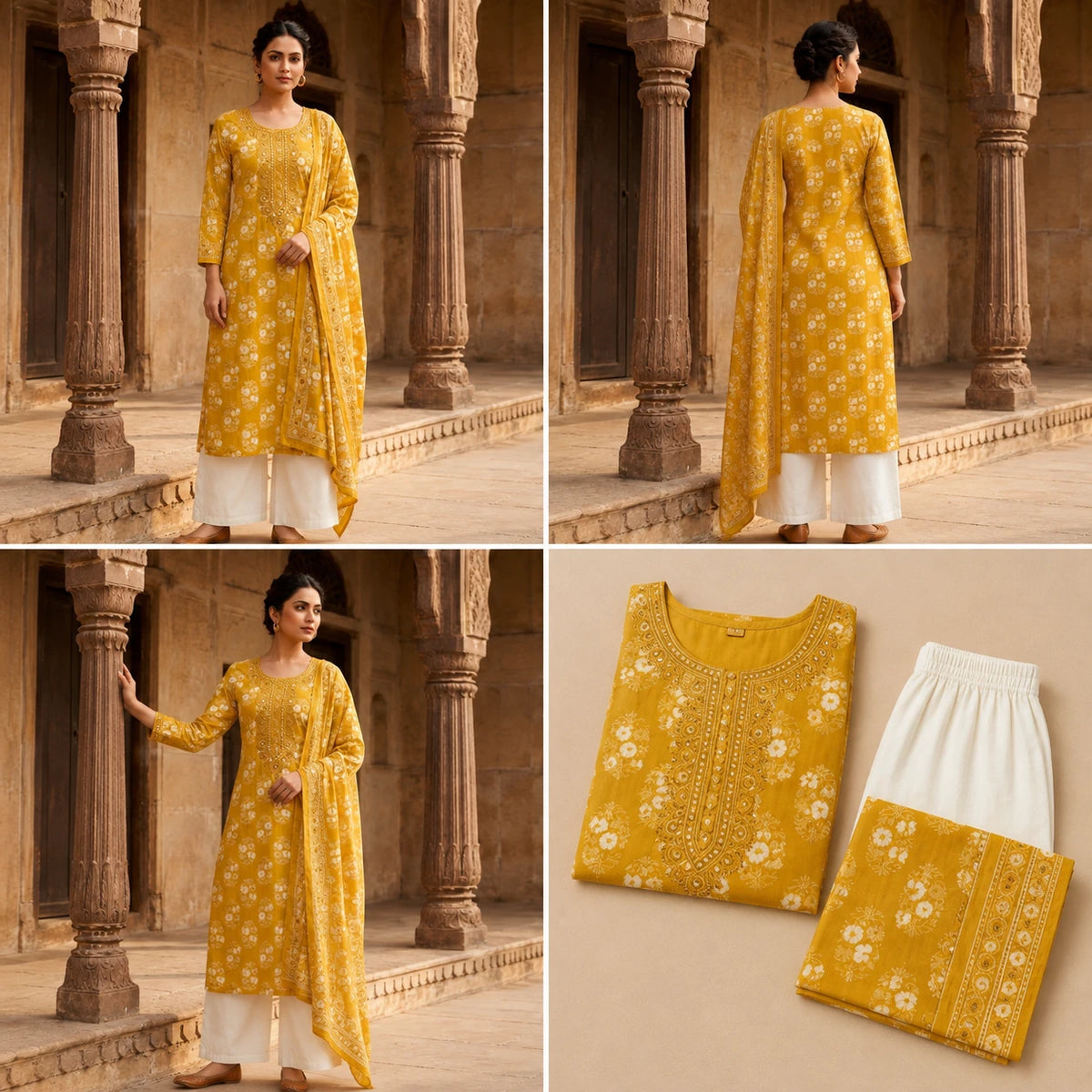 Woman wearing a mustard floral printed kurta with ivory wide-leg palazzo pants and matching dupatta