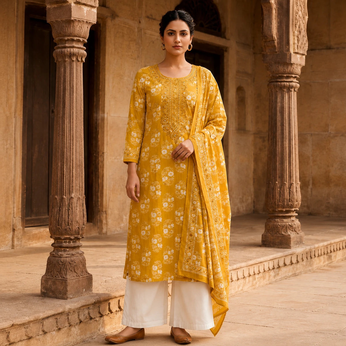 Woman wearing a mustard floral printed kurta with ivory wide-leg palazzo pants and matching dupatta